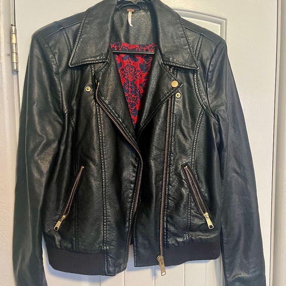 Free People Modern Vegan Bomber Jacket Gold Zip Up Moto Faux-Leather - Picture 1 of 6